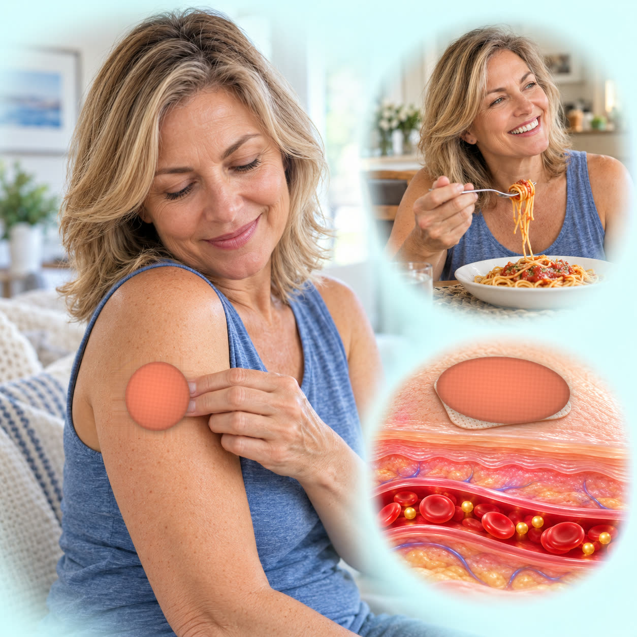 A woman wearing the GLPro patch on her shoulder, shown with a meal and a skin cross-section