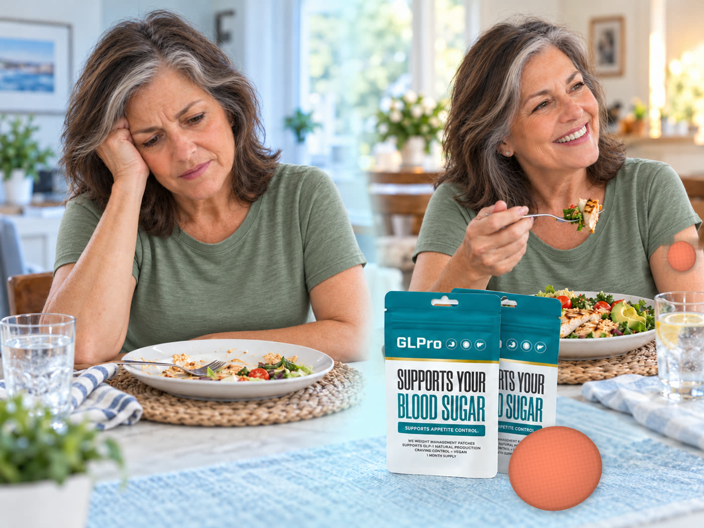 The same woman at the table – tired and picking at her food without support, then eating happily holding a GLPro pouch