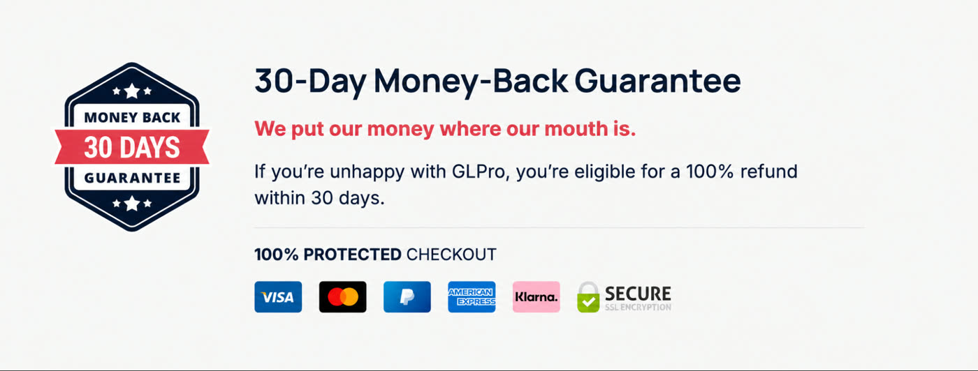 30-day money-back guarantee – if you're unhappy with GLPro you're eligible for a 100% refund within 30 days