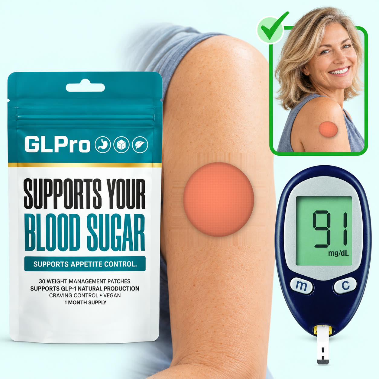 GLPro pouch with the patch worn on an upper arm, a glucose meter and a smiling woman