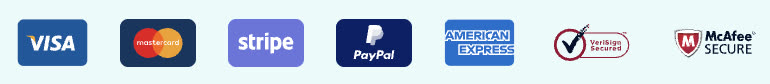 Visa, Mastercard, Stripe, PayPal, American Express, VeriSign Secured, McAfee Secure