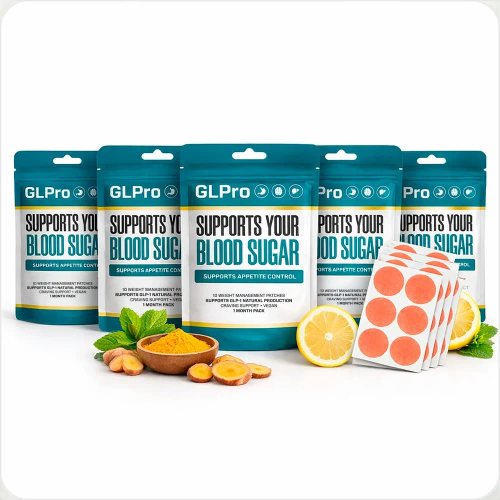 Five GLPro pouches with sheets of orange circular patches and botanical ingredients