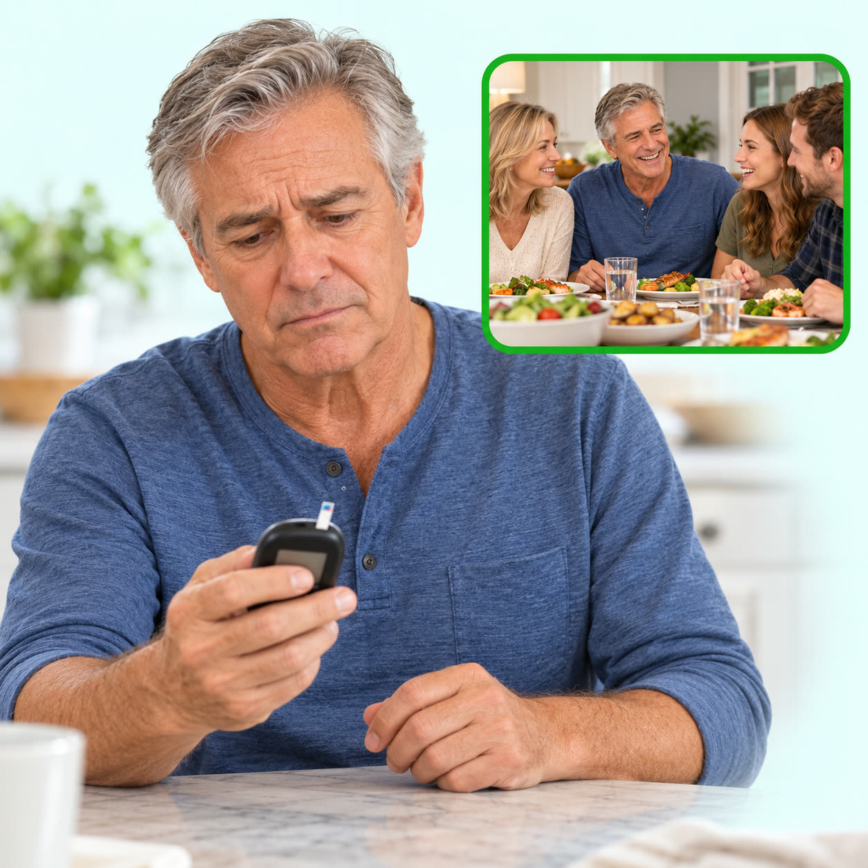 A man checking his glucose meter, with a family dinner in the background