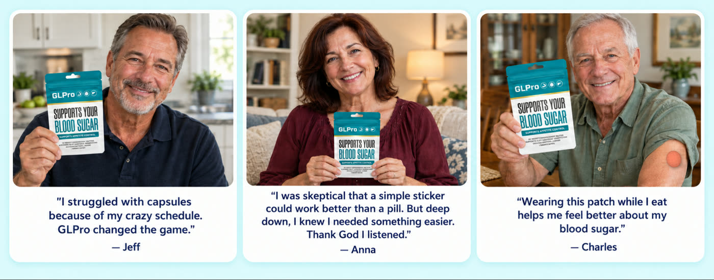 Three customers holding GLPro pouches: Jeff says GLPro changed the game for his schedule, Anna says she knew she needed something easier, Charles says wearing the patch helps him feel better about his blood sugar